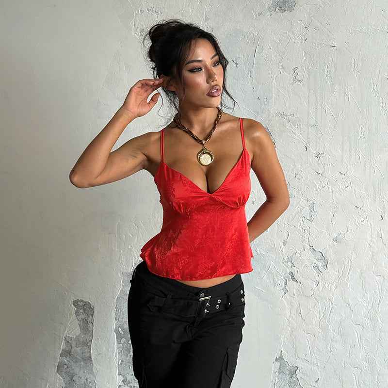 Satin Jacquard Slip Cami Top - V-Neck Loose Fit