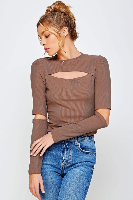 Ribbed Fitted Long Sleeve Top With Chest & Elbow Cutouts