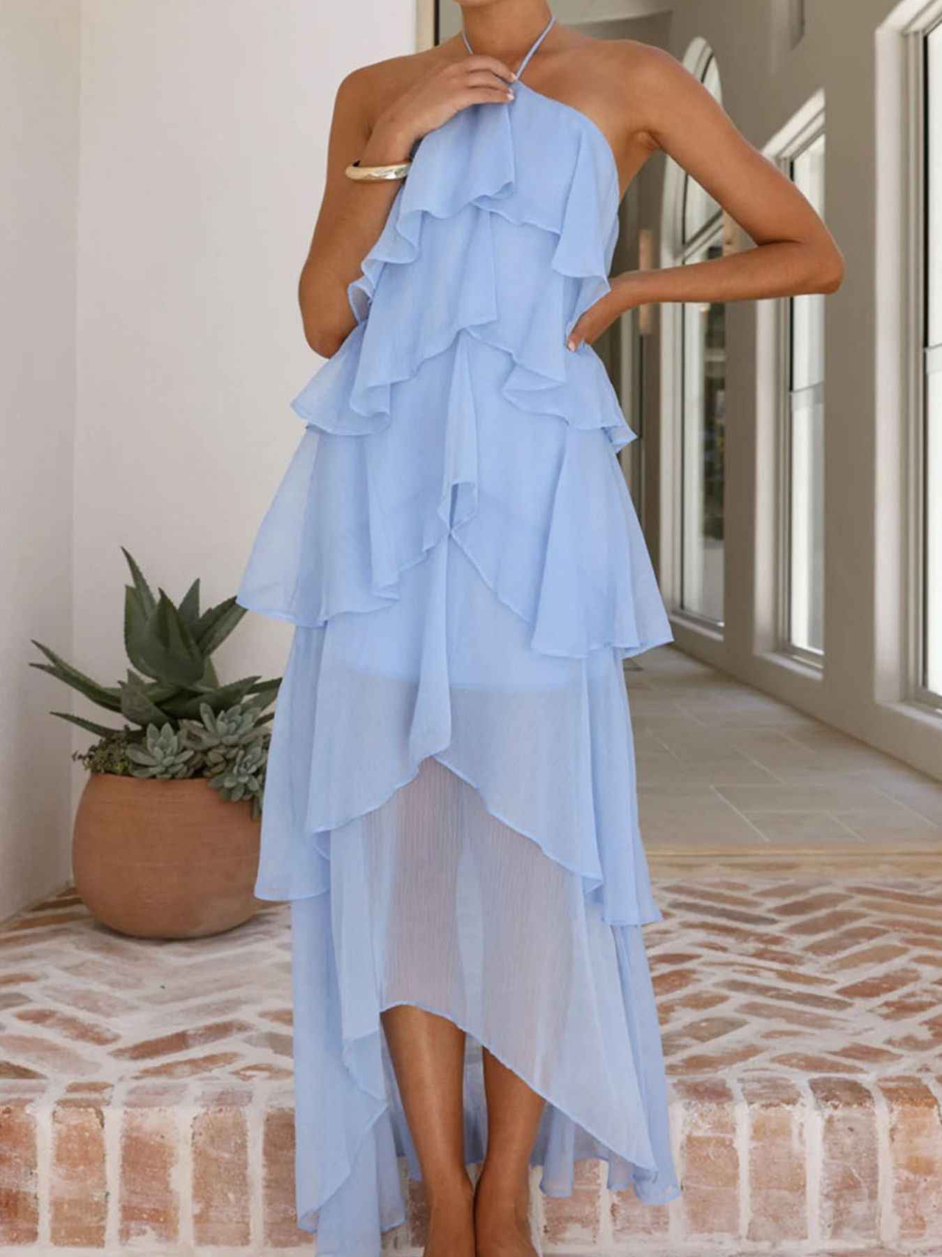 Tiered Ruffle Halter Midi Dress - Layered Flowy Style