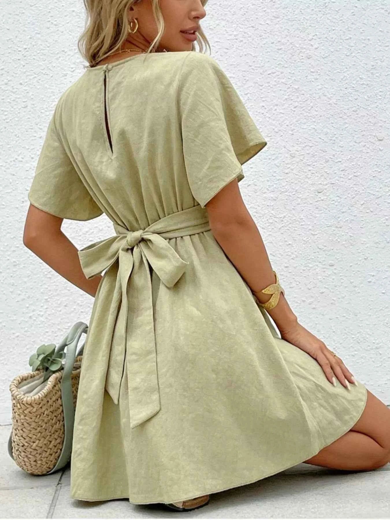 Twist Waist Flutter Sleeve Mini Dress