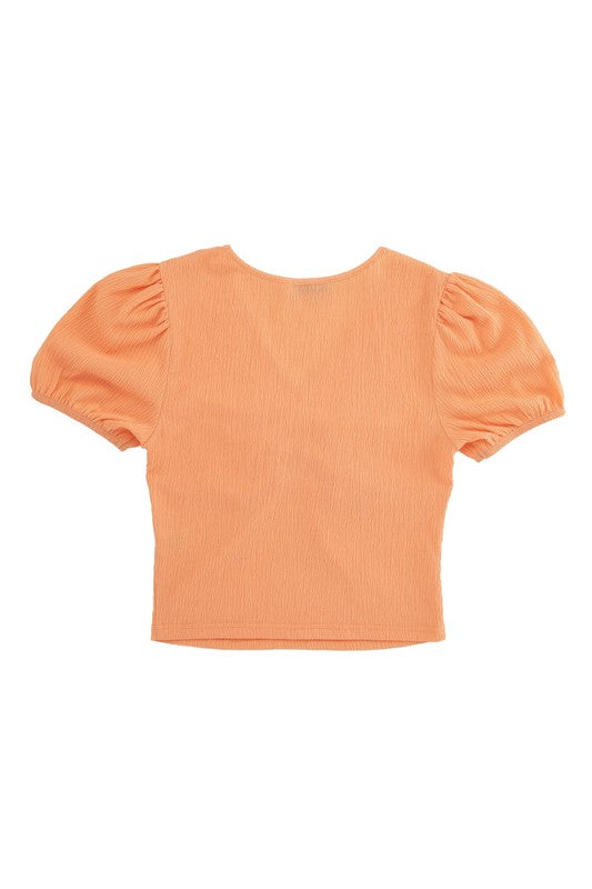 Shirred V-Neck Short Puff Sleeve Top