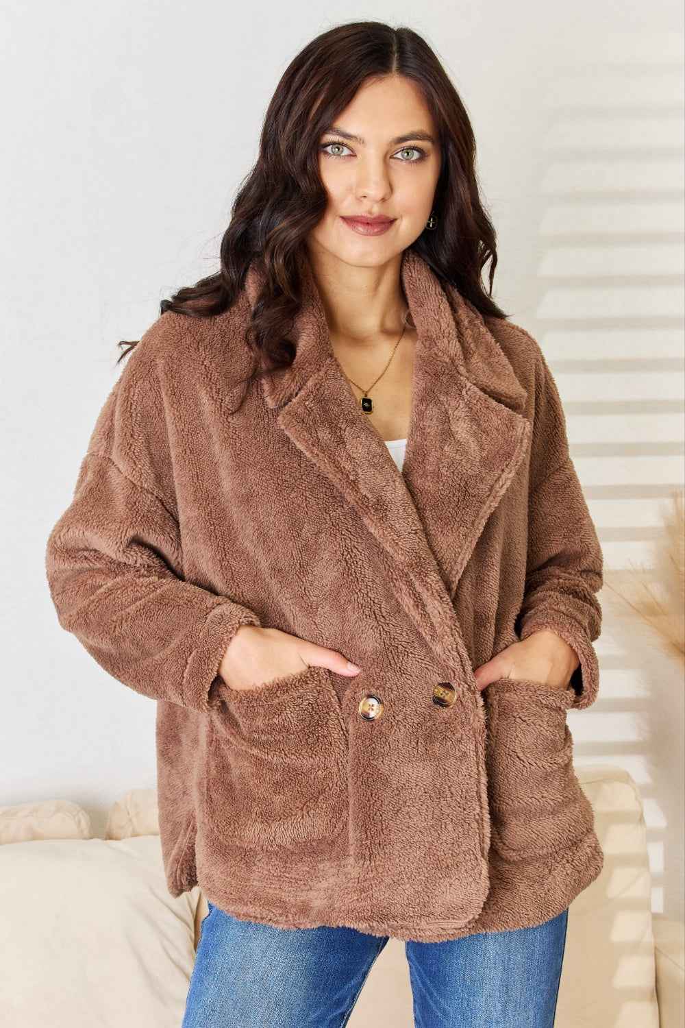Women's Culture Code Double Breasted Fuzzy Coat - Luxury Structured Winter Outerwear