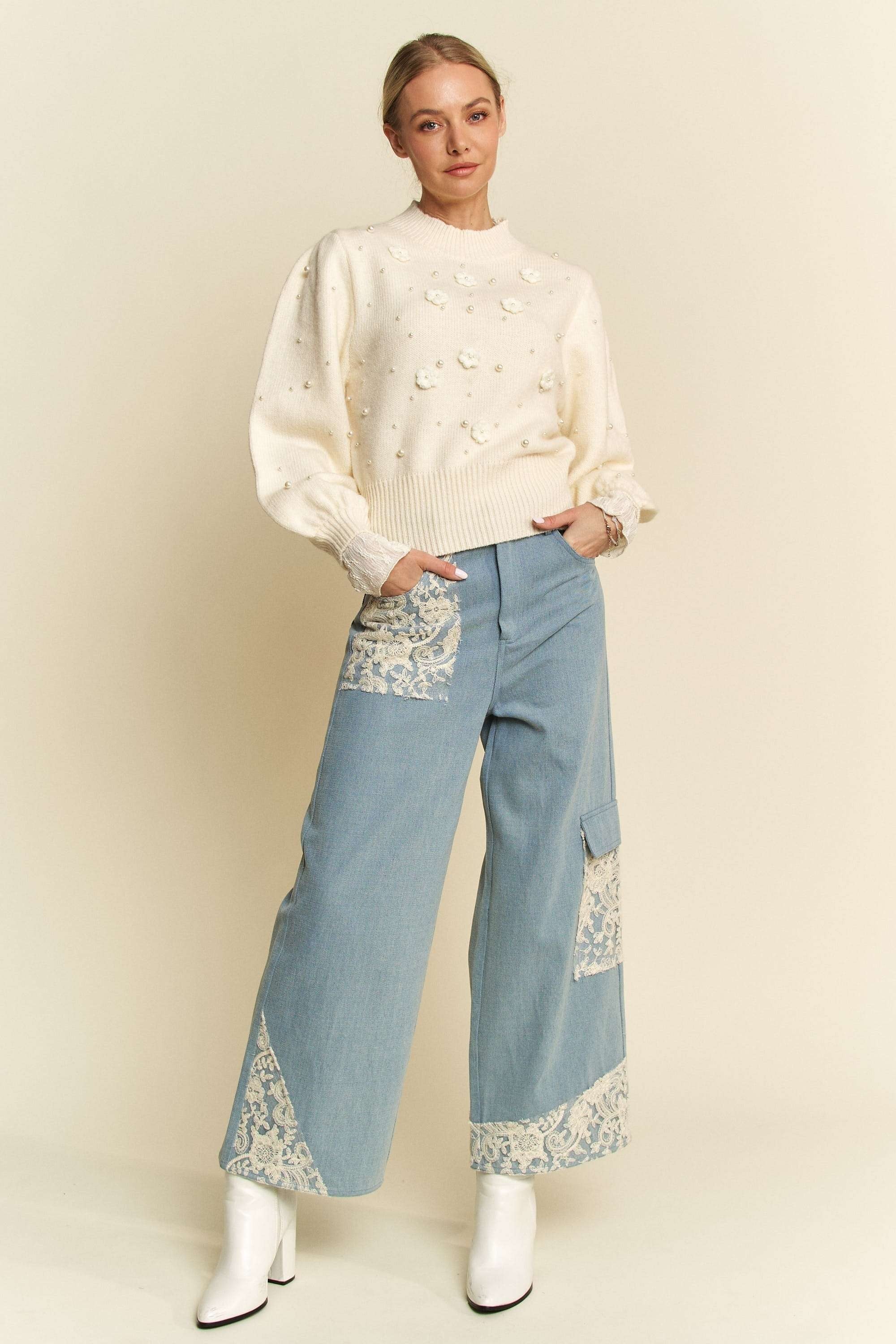 Light Denim Lace Applique Wide Leg Jeans