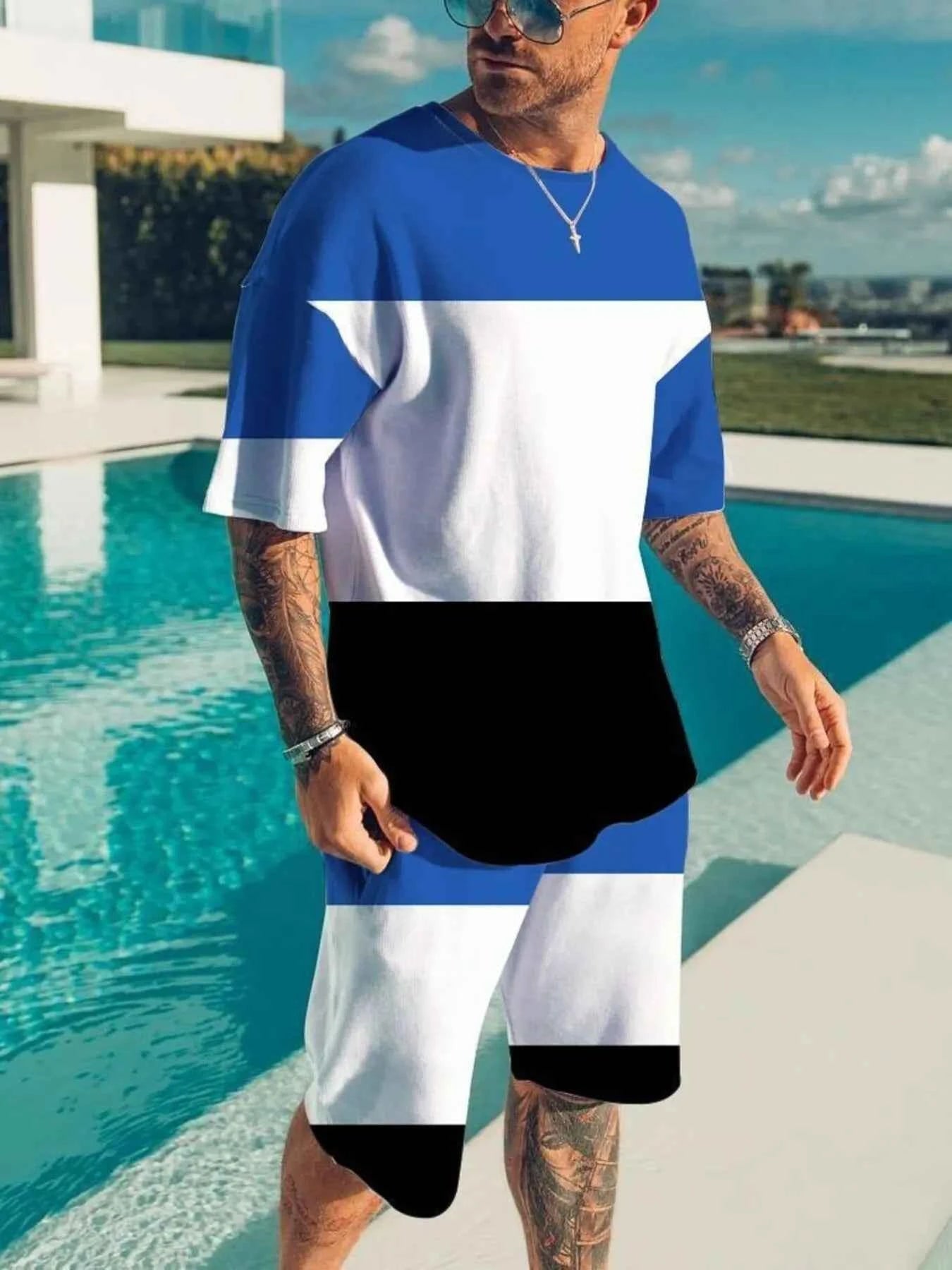 Men's Full Size Color Block Tee and Shorts Set Plus Size