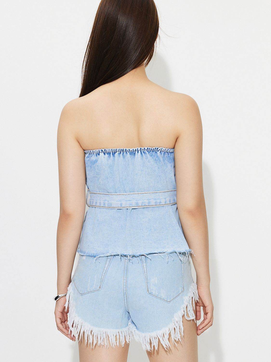 Buttoned Raw Hem Tube Denim Top - Fashions Envy