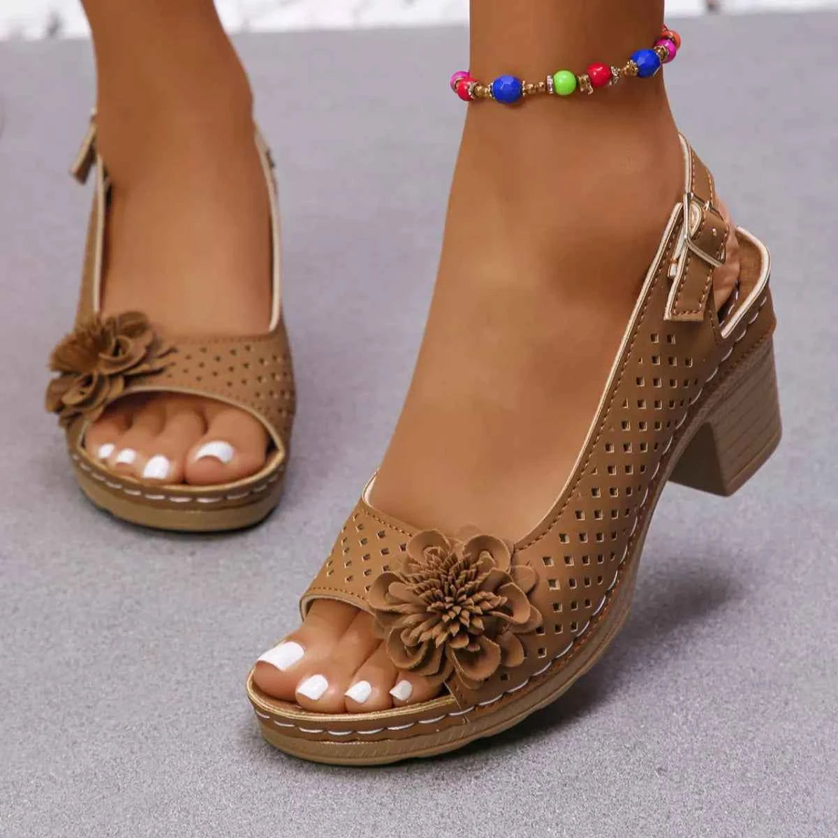 Floral Accent Block Heel Sandals