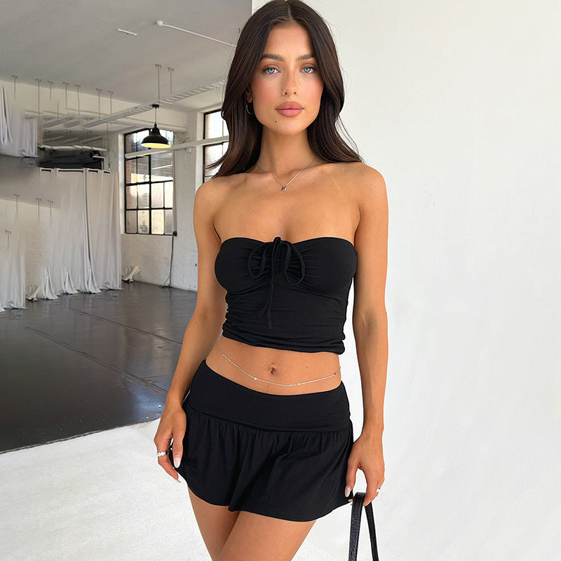 Sleeveless Y2K Hot Girl Cropped Tube Top & Pleating Skirt Set