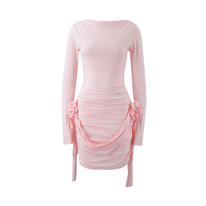 Draped Bodycon Dress - Long Sleeve Ruched Side Tie Mini