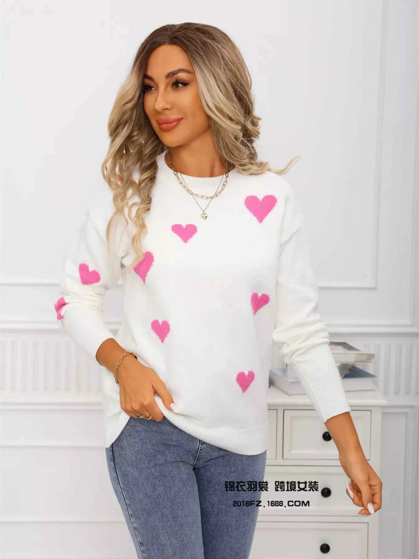 Valentine's Day Heart Print Round Neck Sweater - Fashions Envy