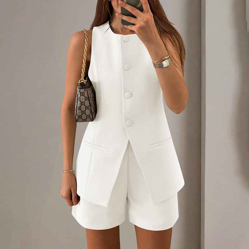 Two-Piece Vest & Shorts Set - Professional Button-Front - Fashions Envy