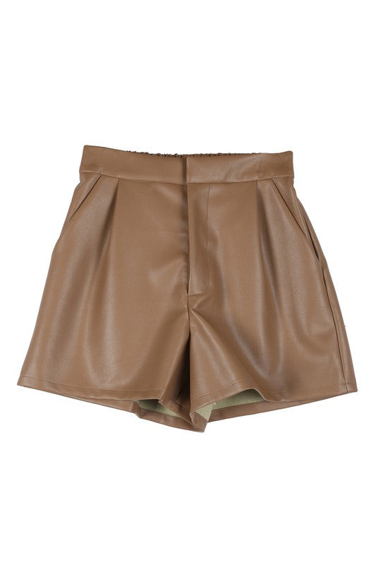 Pintuck Vegan Wide Elastic Band Leather Mini Shorts