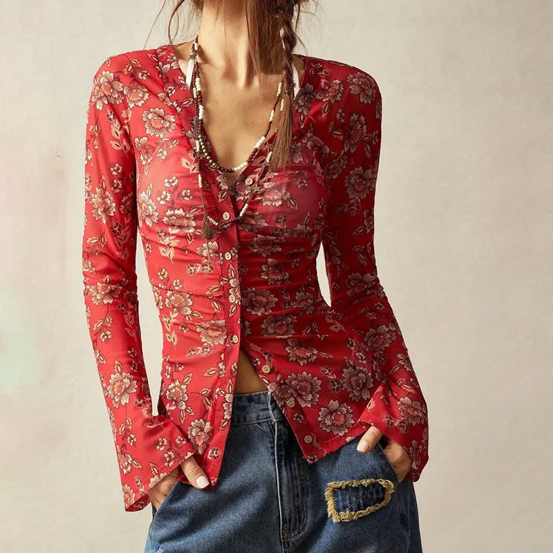 Long Sleeve V Neck Ruched Button Down Floral Shirt