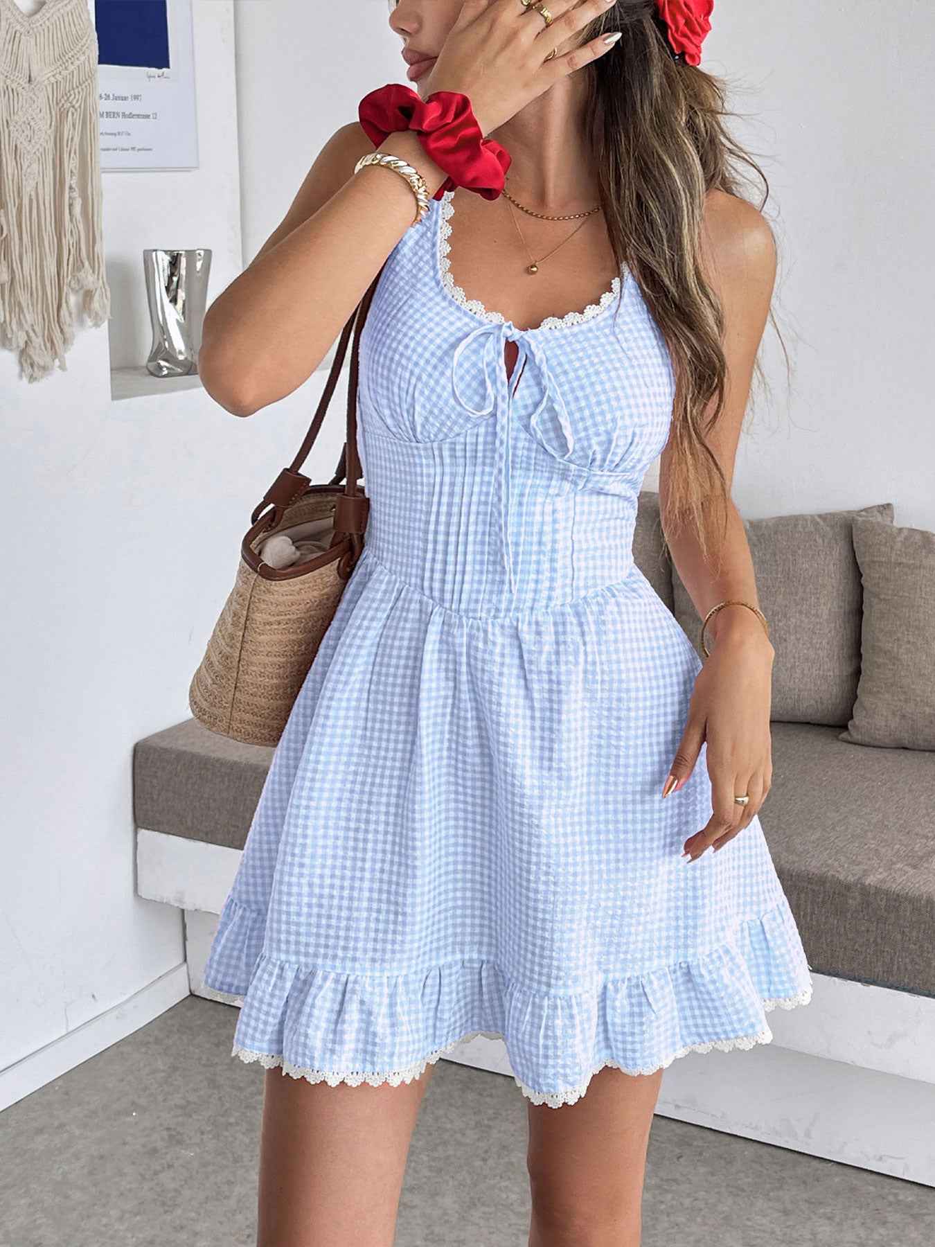 Gingham Lace Trim Mini Dress - Smocked Tie Strap