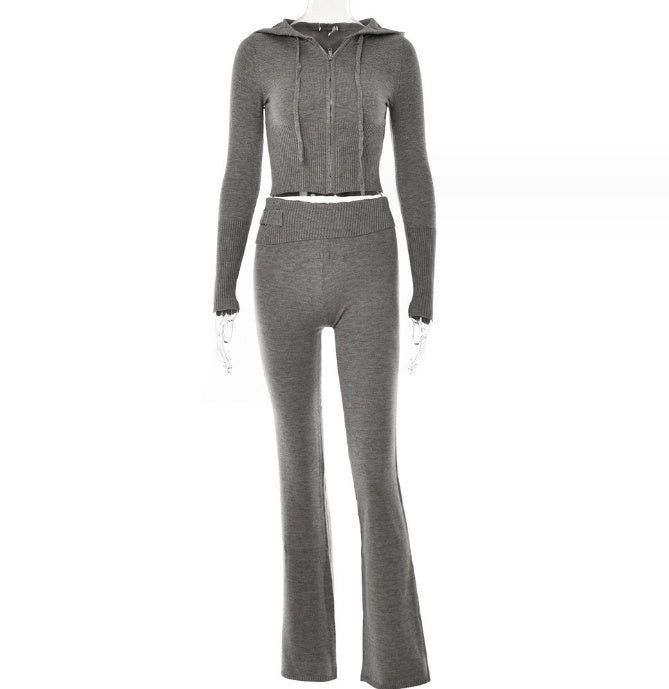 Soft Zip-up Long Sleeve Crop Sweater and Low Waist Pants Set