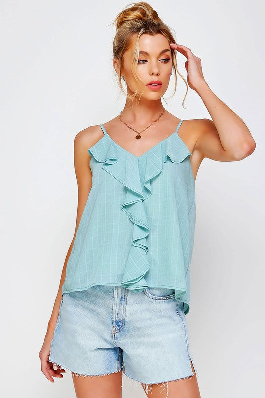Textured Chiffon Ruffled Front Tank Top
