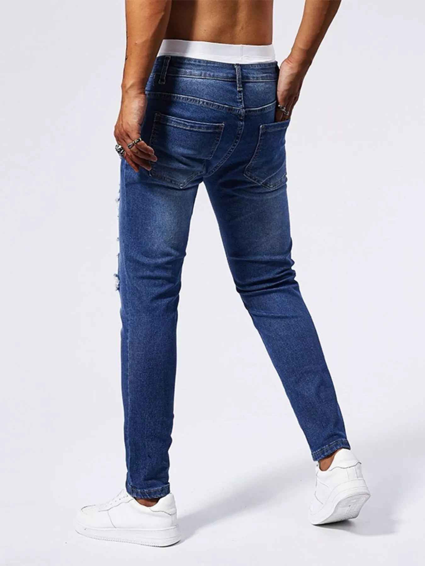 Men's Distressed Jeans - Studded Slim Fit Stretch Denim - Fashions Envy