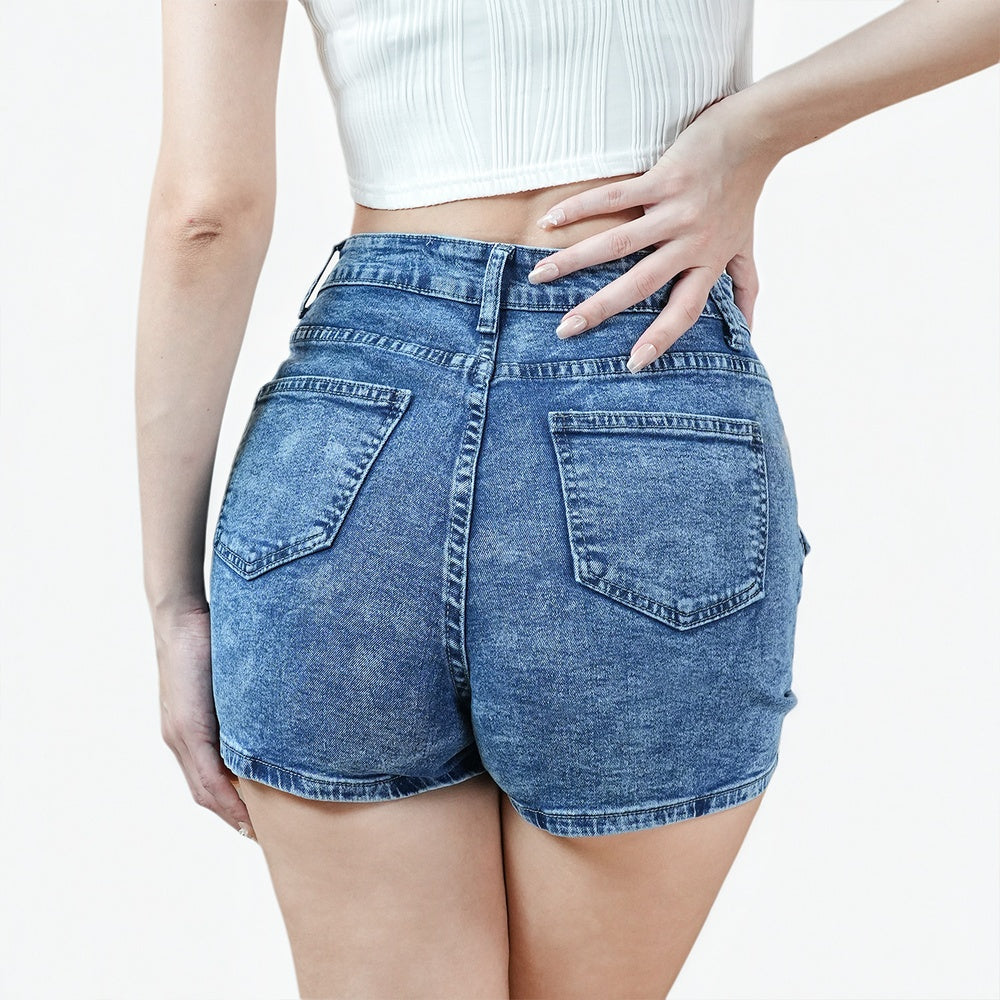 Trendsi high-waist wide-leg denim shorts in vintage blue wash back view with pockets for casual summer styling