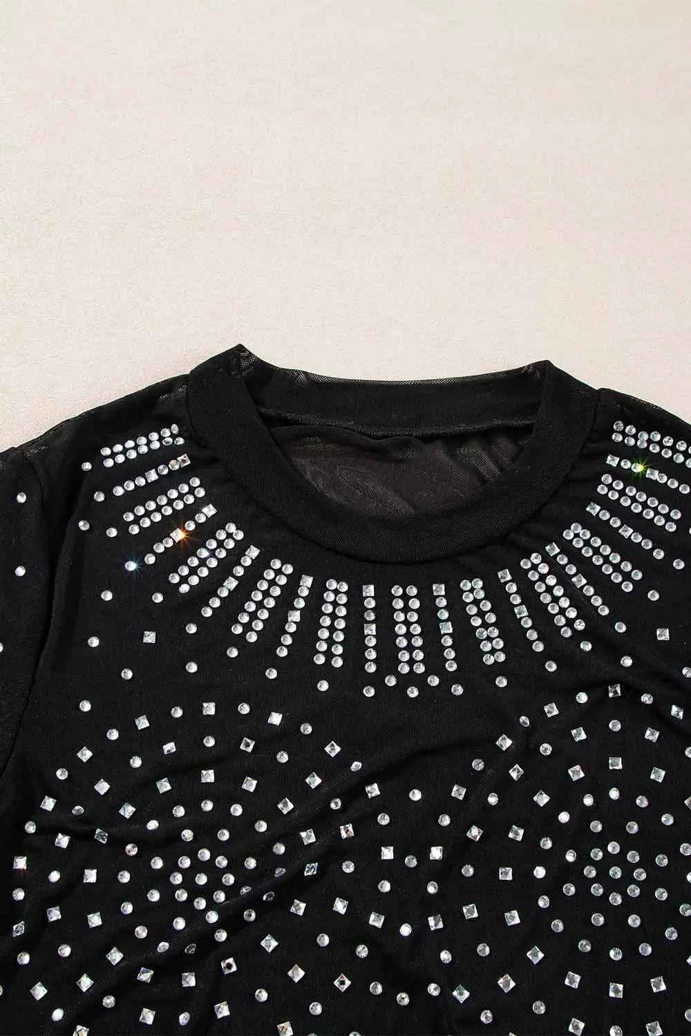 Sheer Rhinestone Bodysuit - Chic Black Long Sleeve