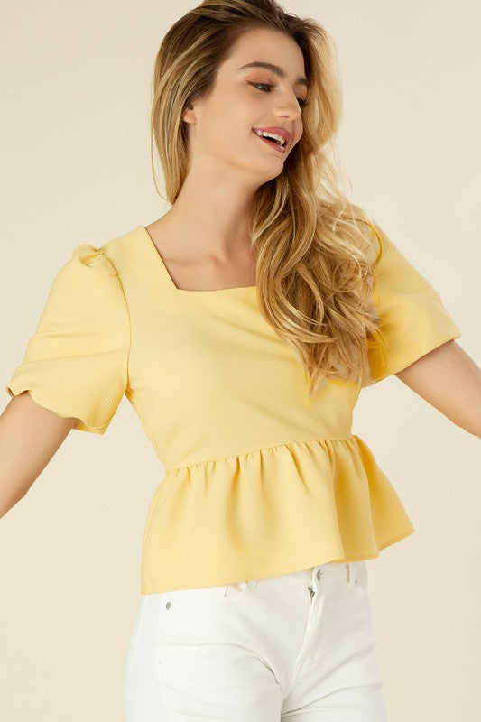 Back-tie Bubble Sleeve Blouse with Peplum