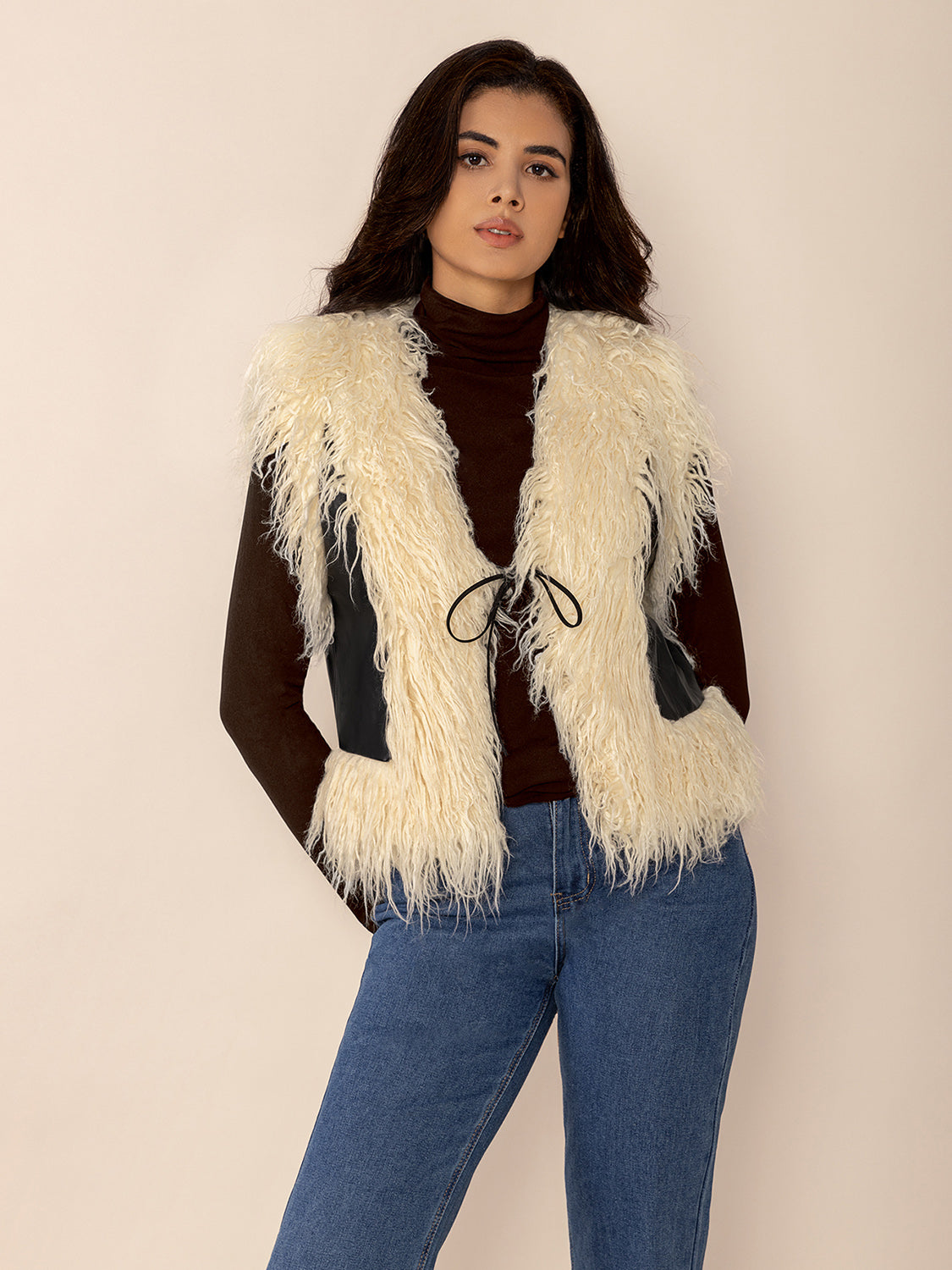 Black Tied Fringe Contrast Vest