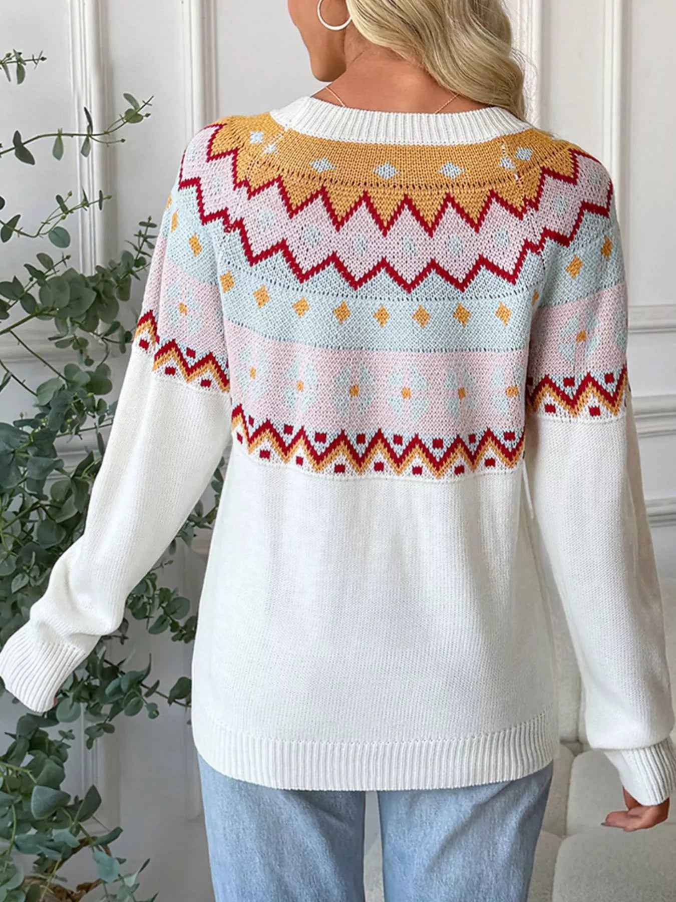 White Fair Isle Sweater - Colorful Pattern Design - Fashions Envy