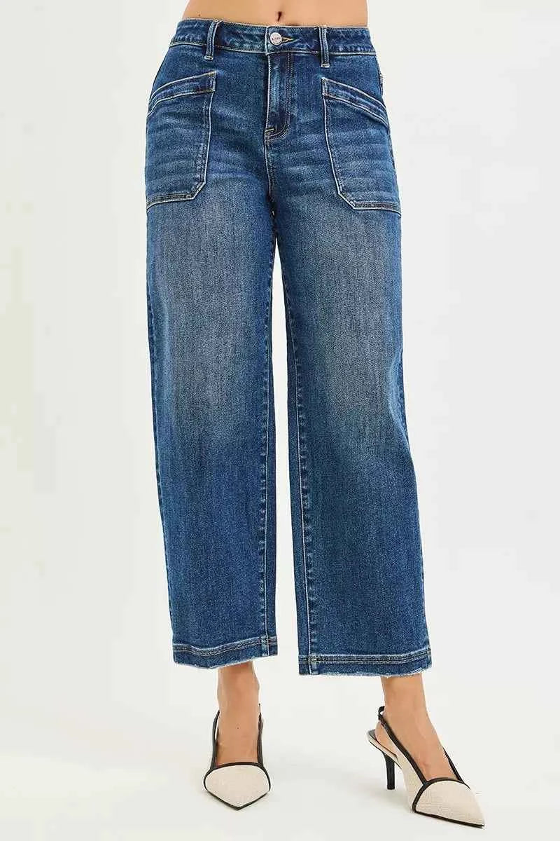 RISEN Slouchy Baggy Jeans - Cropped Front Patch Pocket