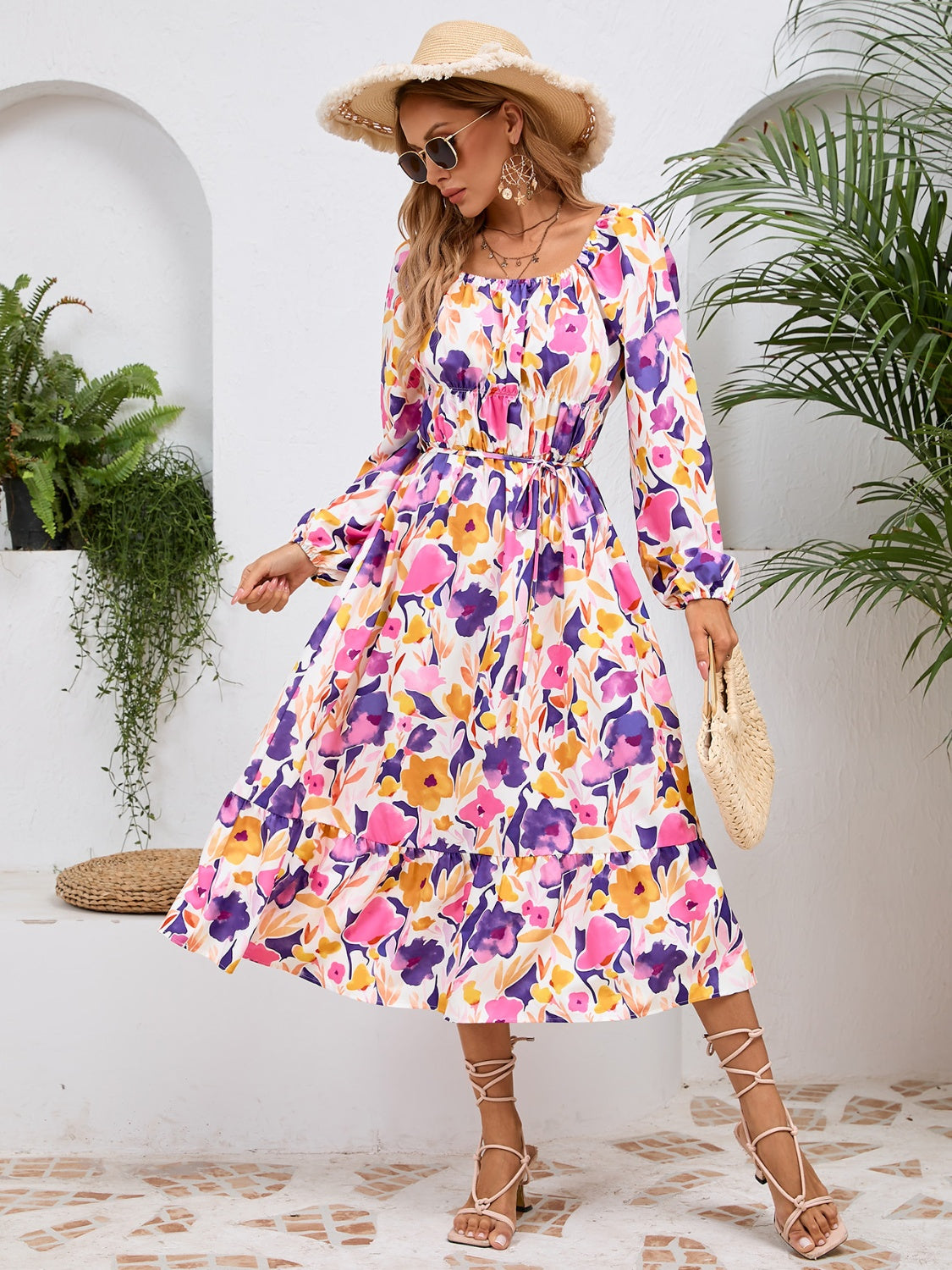 Floral Printed Long Sleeve Midi Dress
