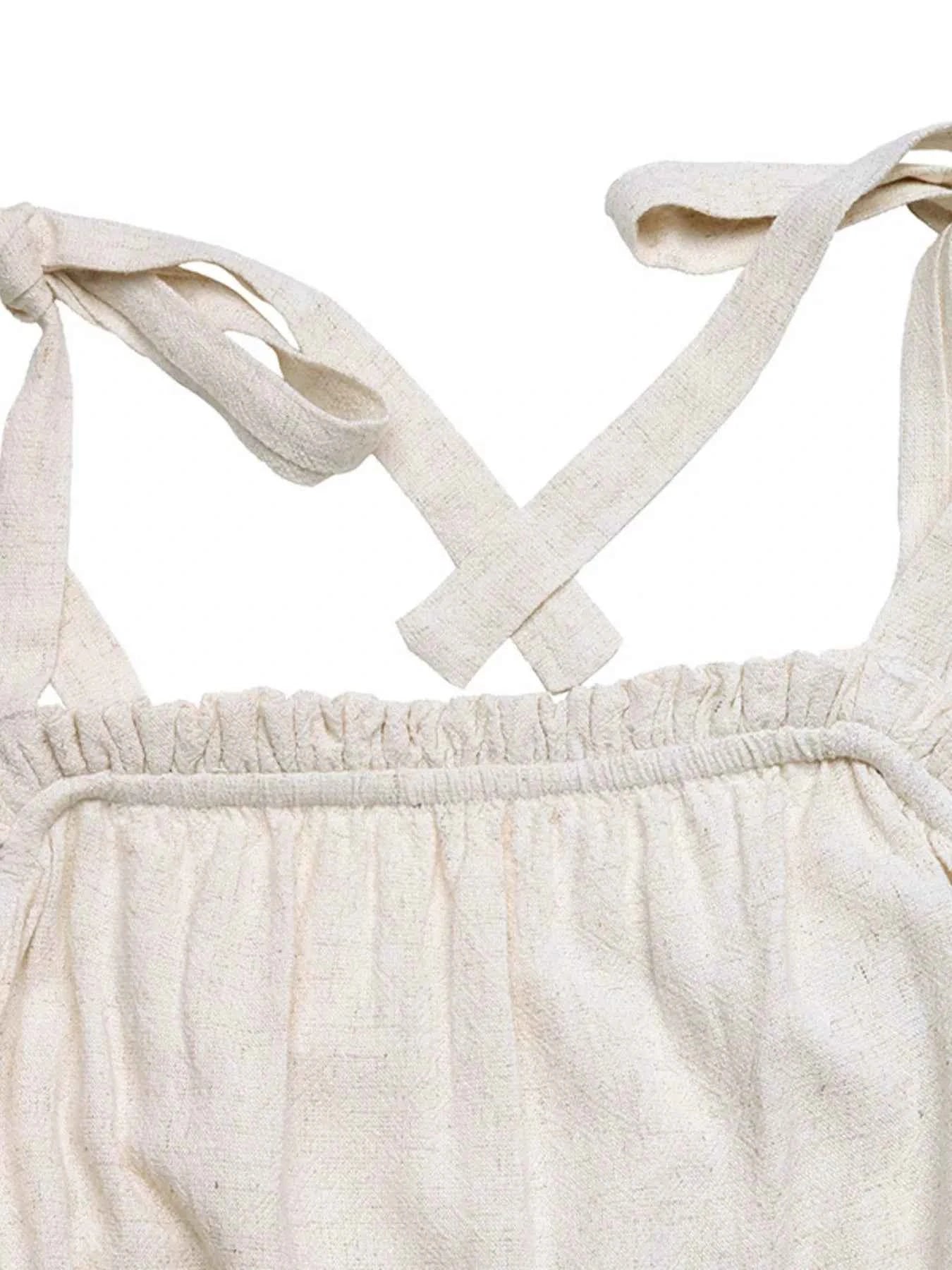 Tie Strap Romper - Frill Tassel Hem Casual Shorts