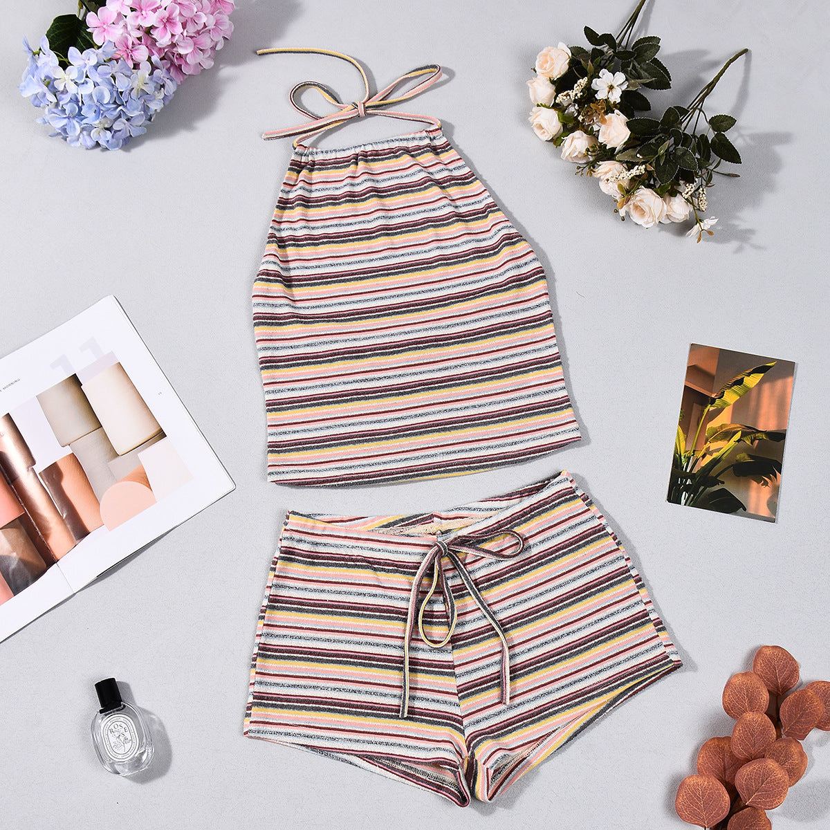 Striped Halter Crop Top and Shorts Set - Multicolor Outfit