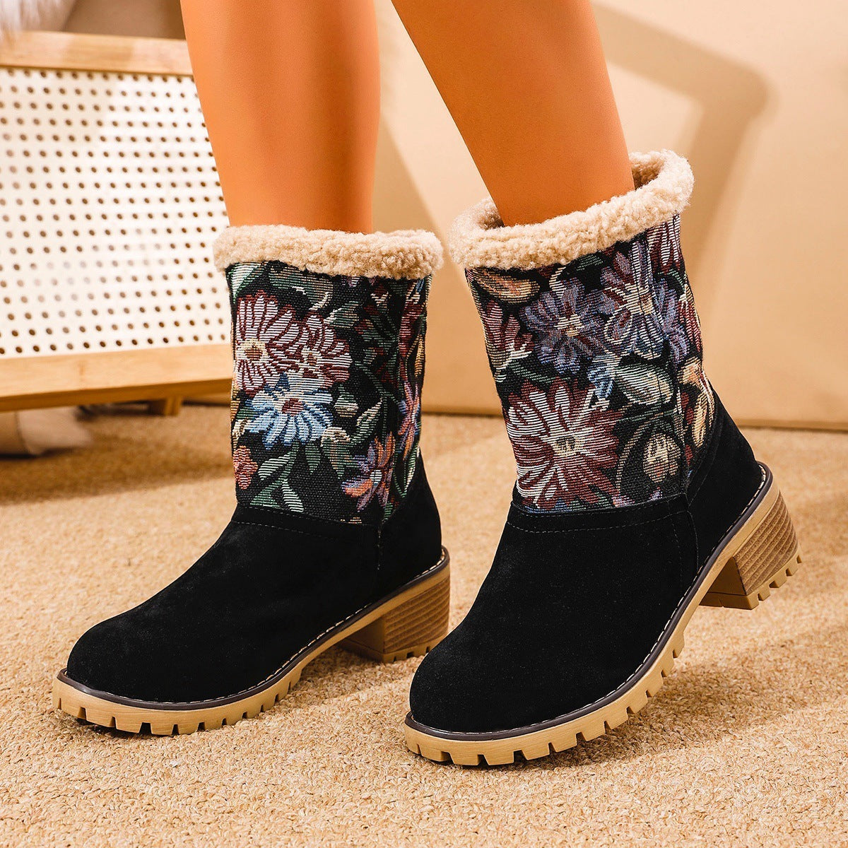 Embroidered Snow Boots - Ethnic Platform Square Heel