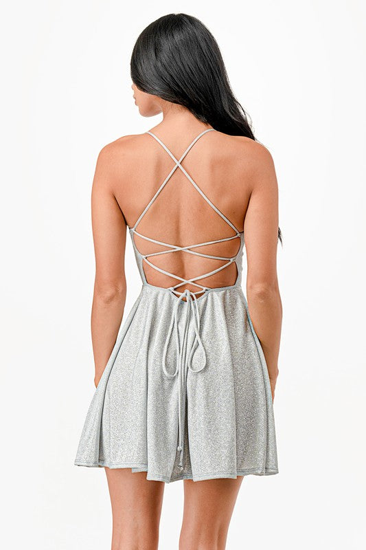 Glittered Fit and Flare Mini Dress with Crisscross Spaghetti Straps