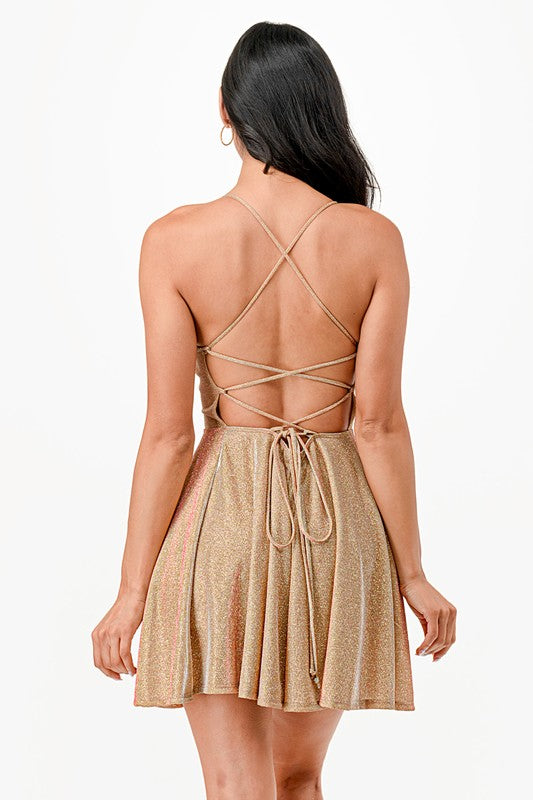 Glittered Fit and Flare Mini Dress with Crisscross Spaghetti Straps