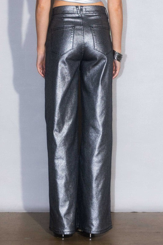 Edgy Metallic High Rise Wide Jeans