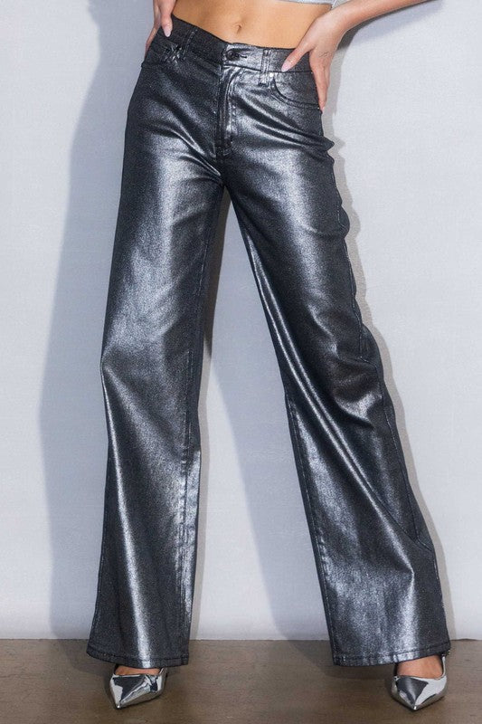 Edgy Metallic High Rise Wide Jeans