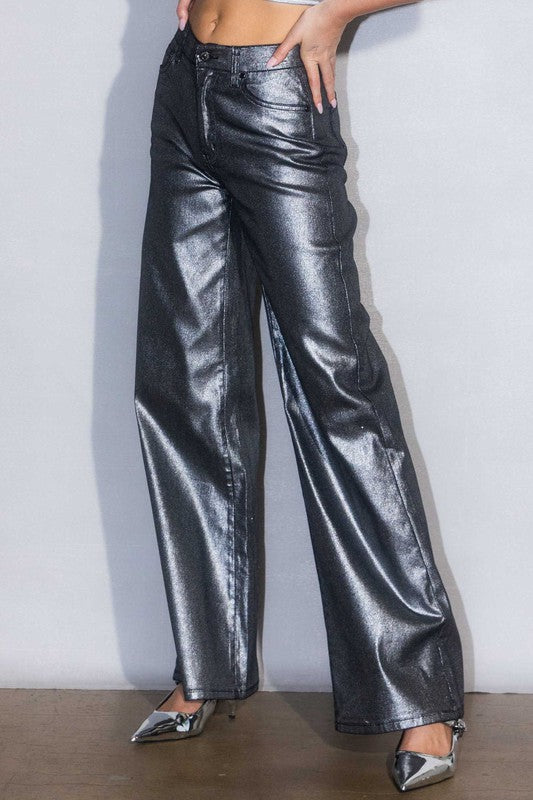 Edgy Metallic High Rise Wide Jeans