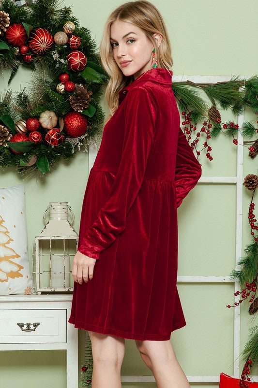 Button Down Velvet Long Sleeve Mini Dress