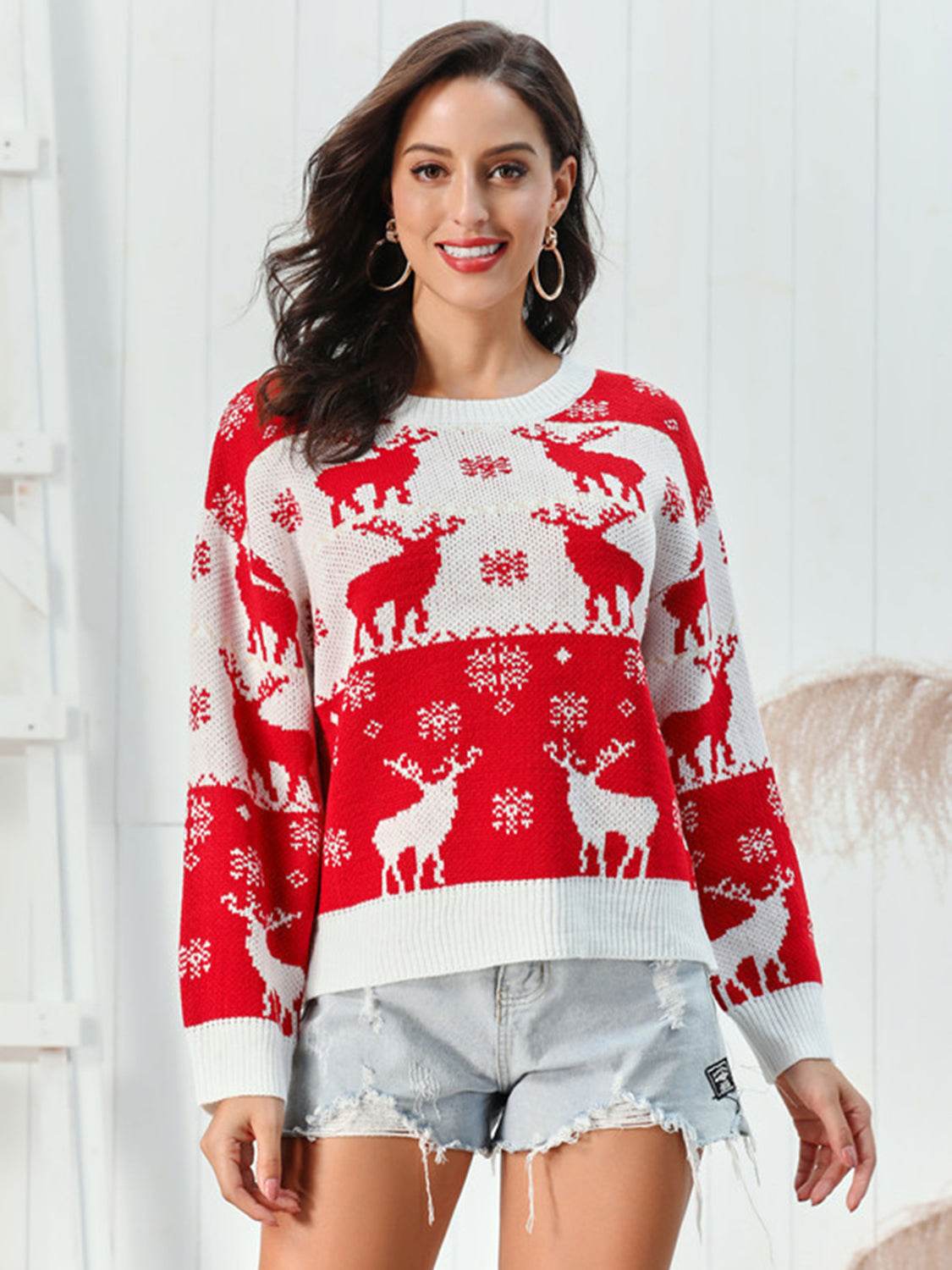 Reindeer Round Neck Sweater - Fashions Envy
