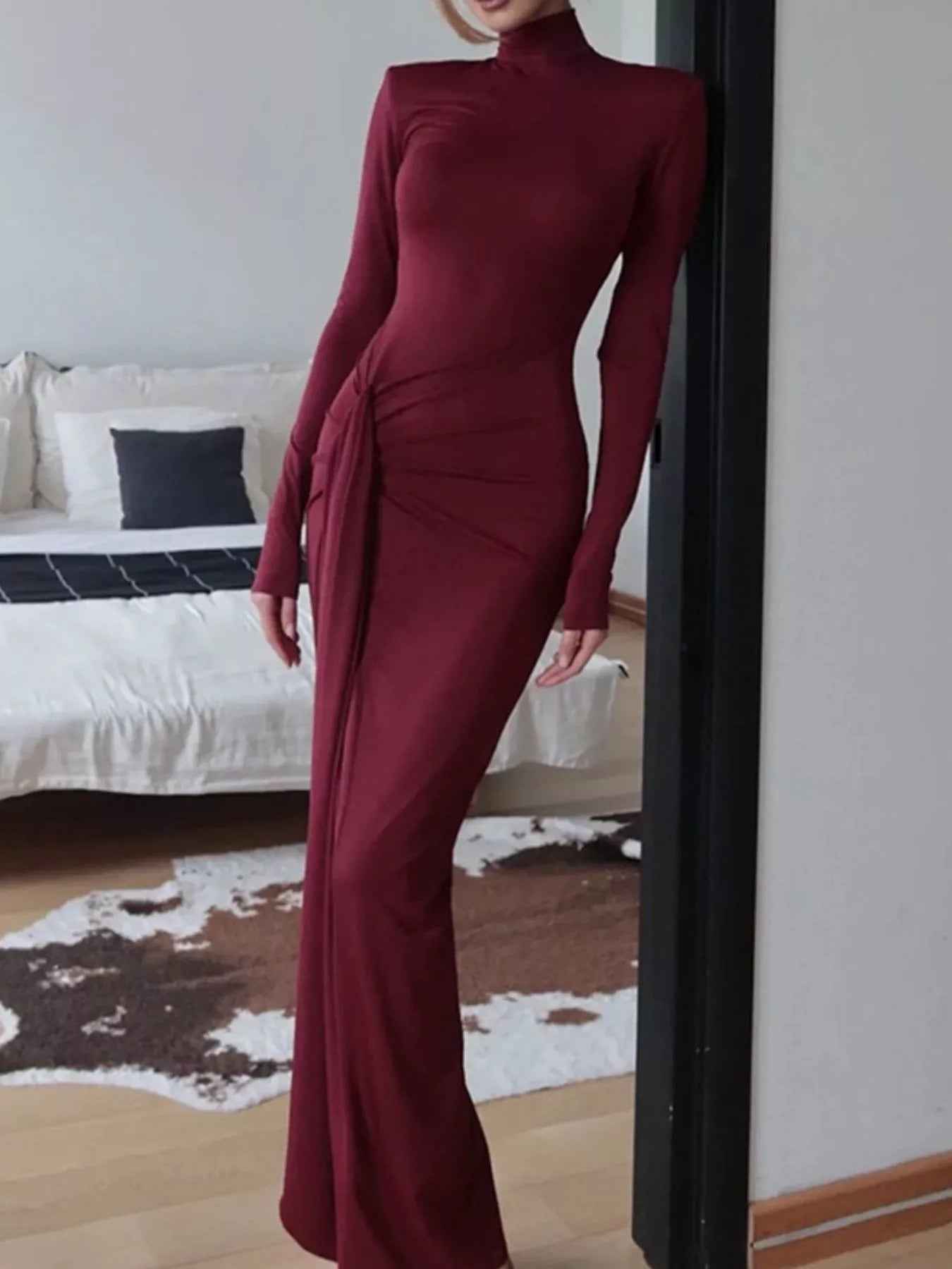 Turtleneck Maxi Dress - Long Sleeve Slit Tie Waist Style - Fashions Envy