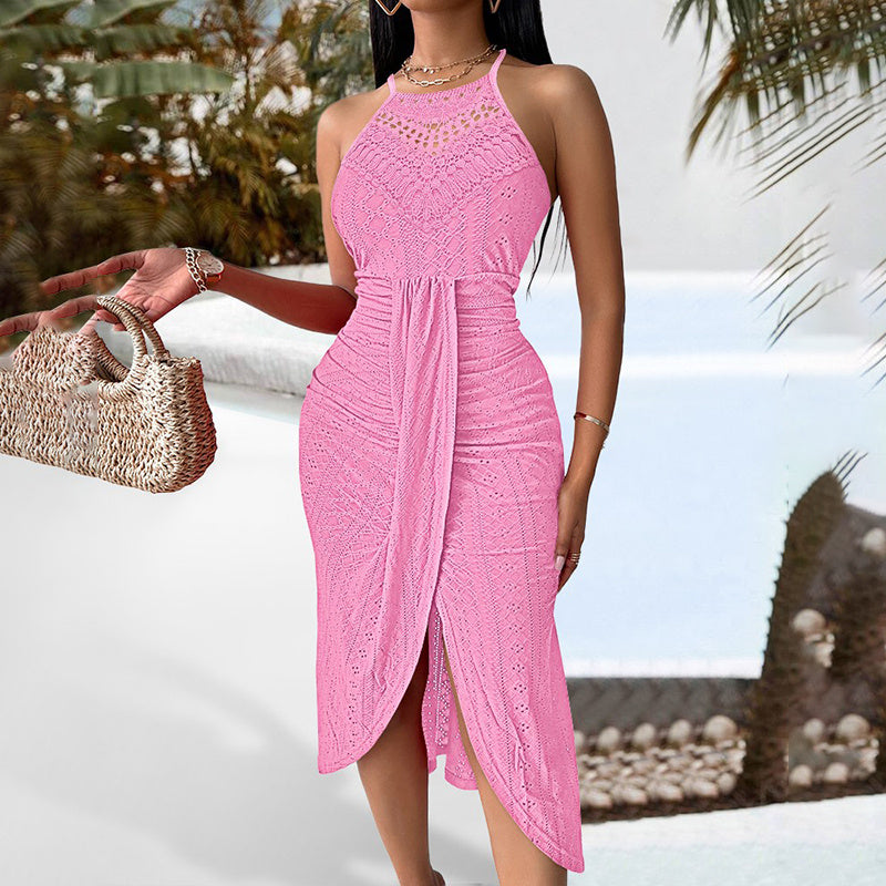 Sleeveless Halter Neck Ruched Bodycon Midi Dress