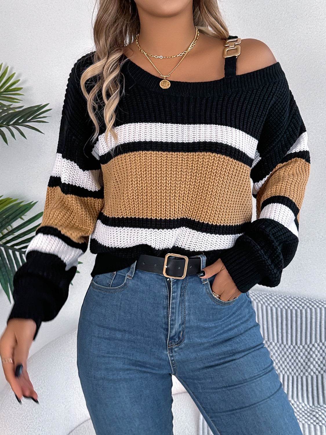 Color Block Asymmetrical Neck Long Sleeve Sweater - Fashions Envy