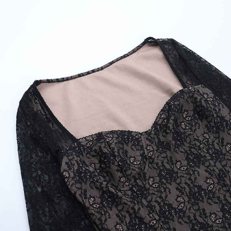 Black Lace Long Sleeve Top - V-Neck Waist Cinched Slim