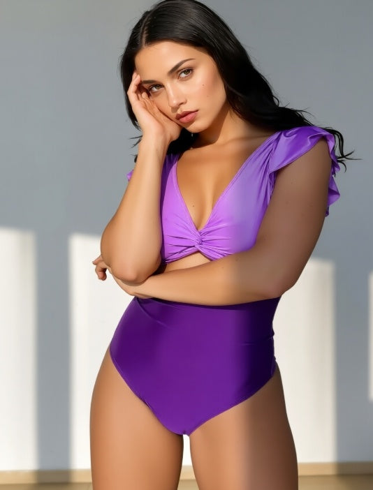 Ruffled One-Piece Swimsuit - Casual Purple Ruffle Trim