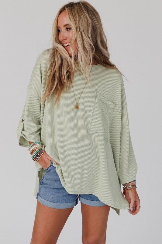 Ribbed Tab Sleeve Oversize Pocket Top