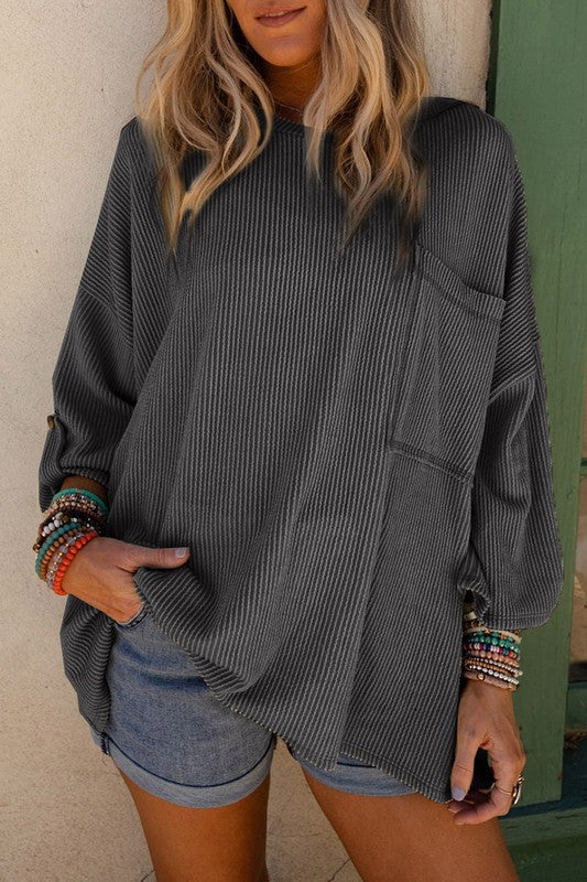 Ribbed Tab Sleeve Oversize Pocket Top