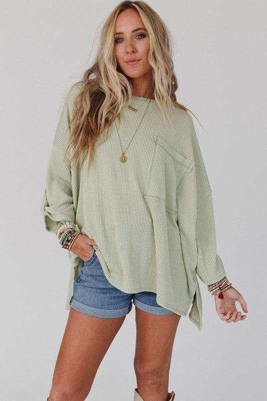 Ribbed Tab Sleeve Oversize Pocket Top