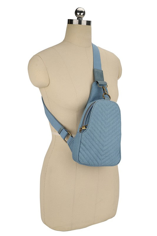 Chevron Quilted Denim Sling Crossbody Bag