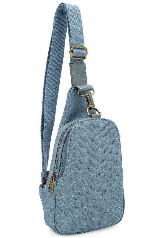 Chevron Quilted Denim Sling Crossbody Bag