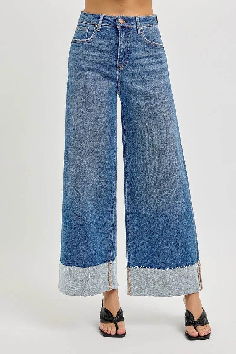 RISEN Full Size Tummy Control High Rise Crop Wide Cuffed Jeans Plus Size - Fashions Envy