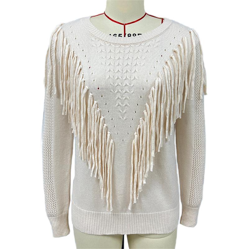 Women's Fringe Tassel Sweater - Casual Long Sleeve Crewneck Knit Pullover For Fall