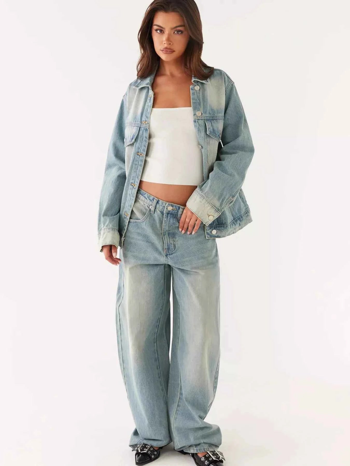 Button Up Denim Jacket and Jeans Set